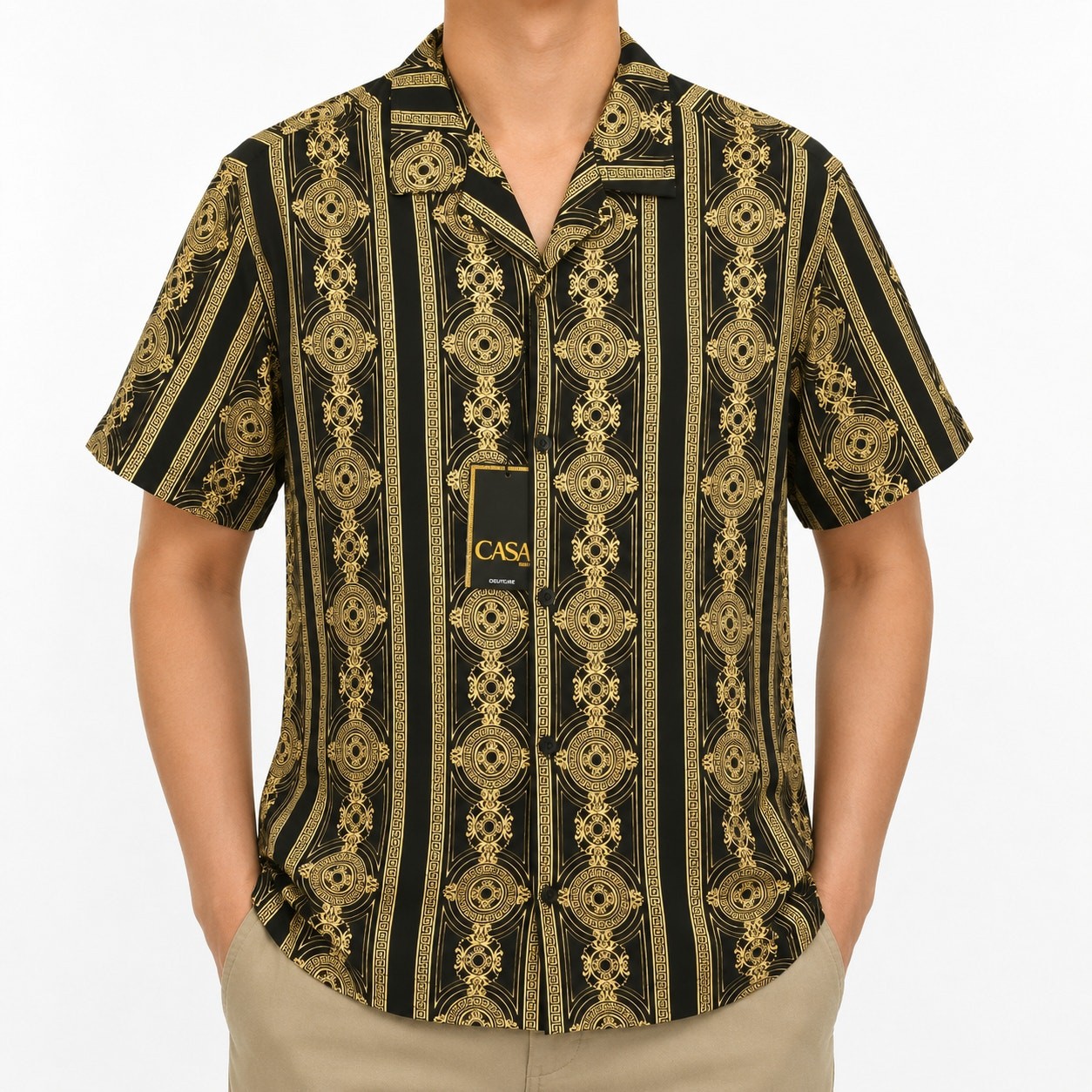 NEW Casa Moda Couture Shirt Mens Medium Black Gold Baroque Camp Button-Up
