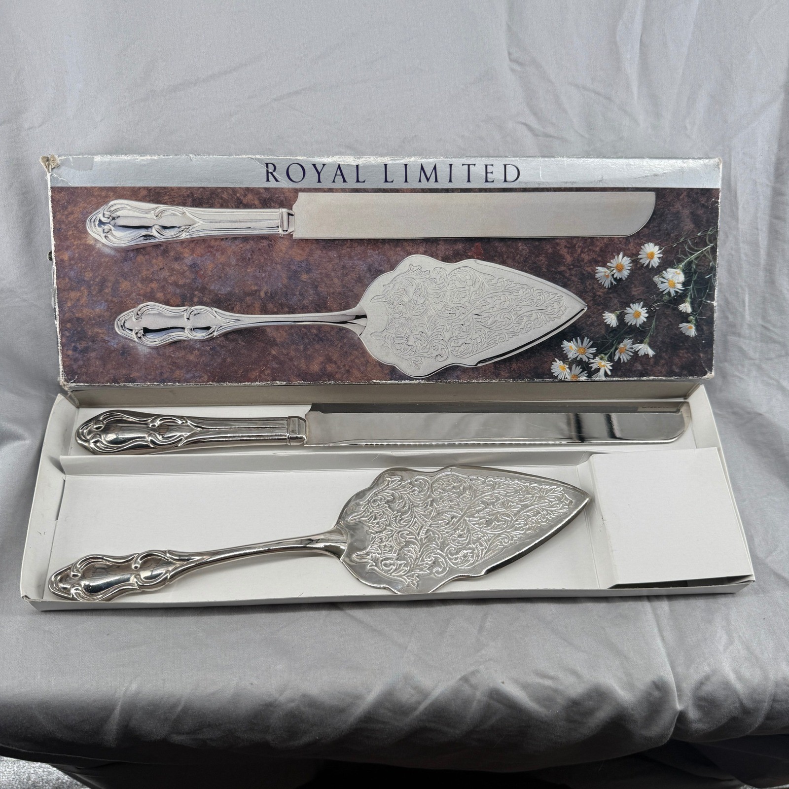Royal Limited Silver Plated Cake Knife and Server Set Ornate Floral Scroll Boxed