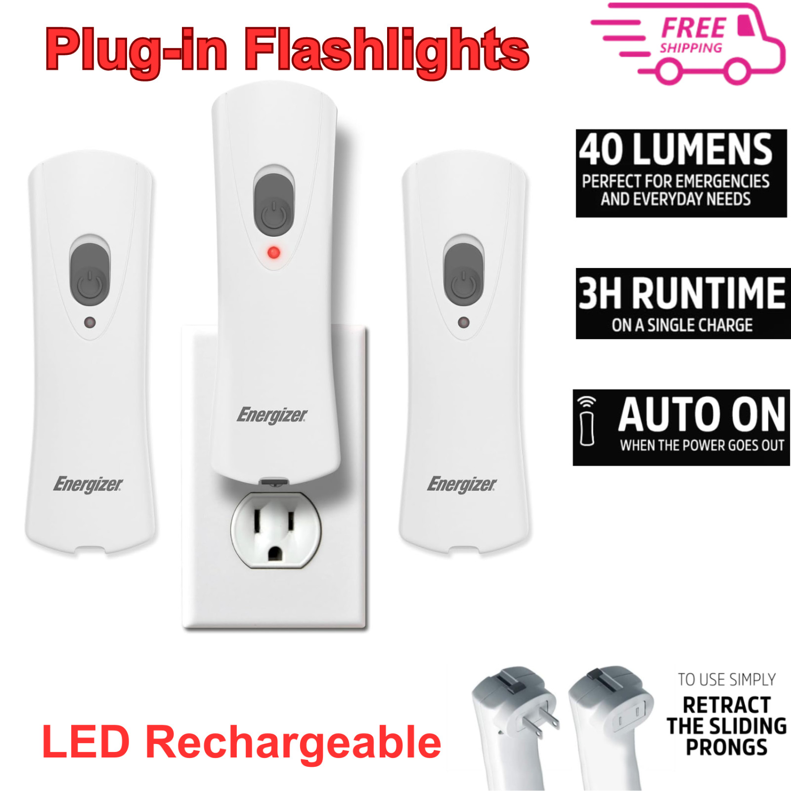 Energizer LED Power Rechargeable Plug-In Flashlights Emergency Lights for Home