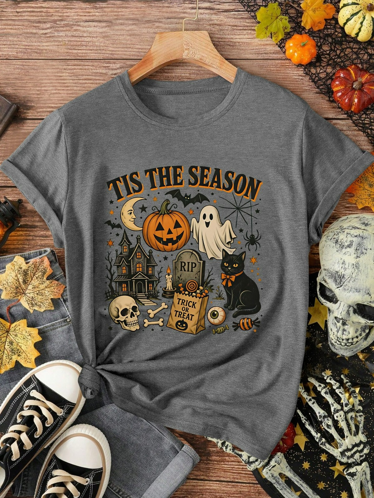 Tis The Season Halloween Pumpkin Ghost Black Cat Haunted House Womens T‑Shirt Tis The Season Halloween Pumpkin Ghost Black Cat Haunted House Womens T‑Shirt