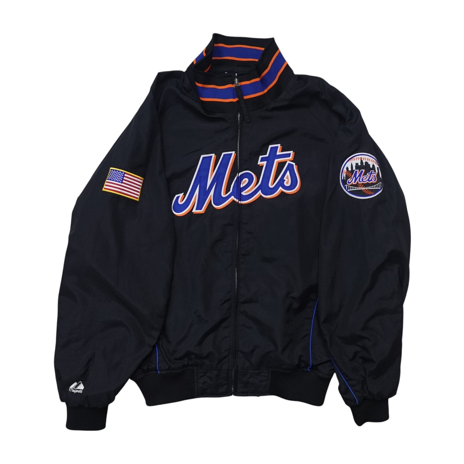 VTG 00s MLB NEW YORK METS MAJESTIC AUTHENTIC DUGOUT JACKET US FLAG PATCH Sz L