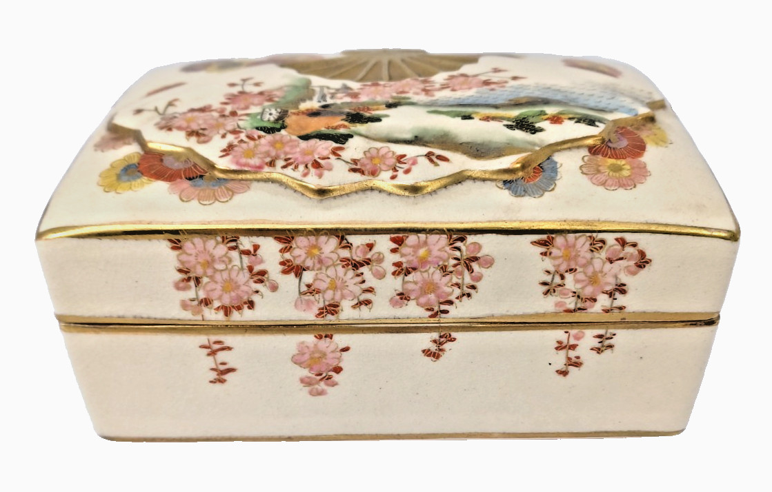 Satsuma Design Japan Vintage Trinket Box Fan Landscape and Floral Makers Mark