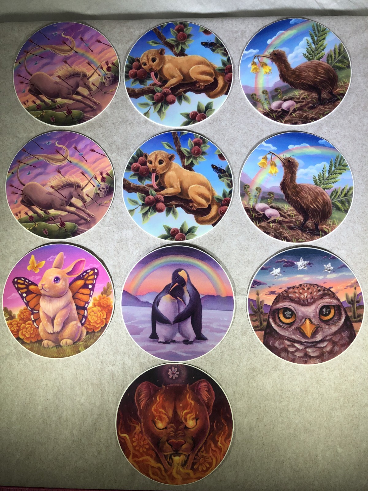 10 STICKER LOT KIWI PENGUINS OWL KINKAJOU UNICORN FIERY PUMA BUNNY WITH WINGS