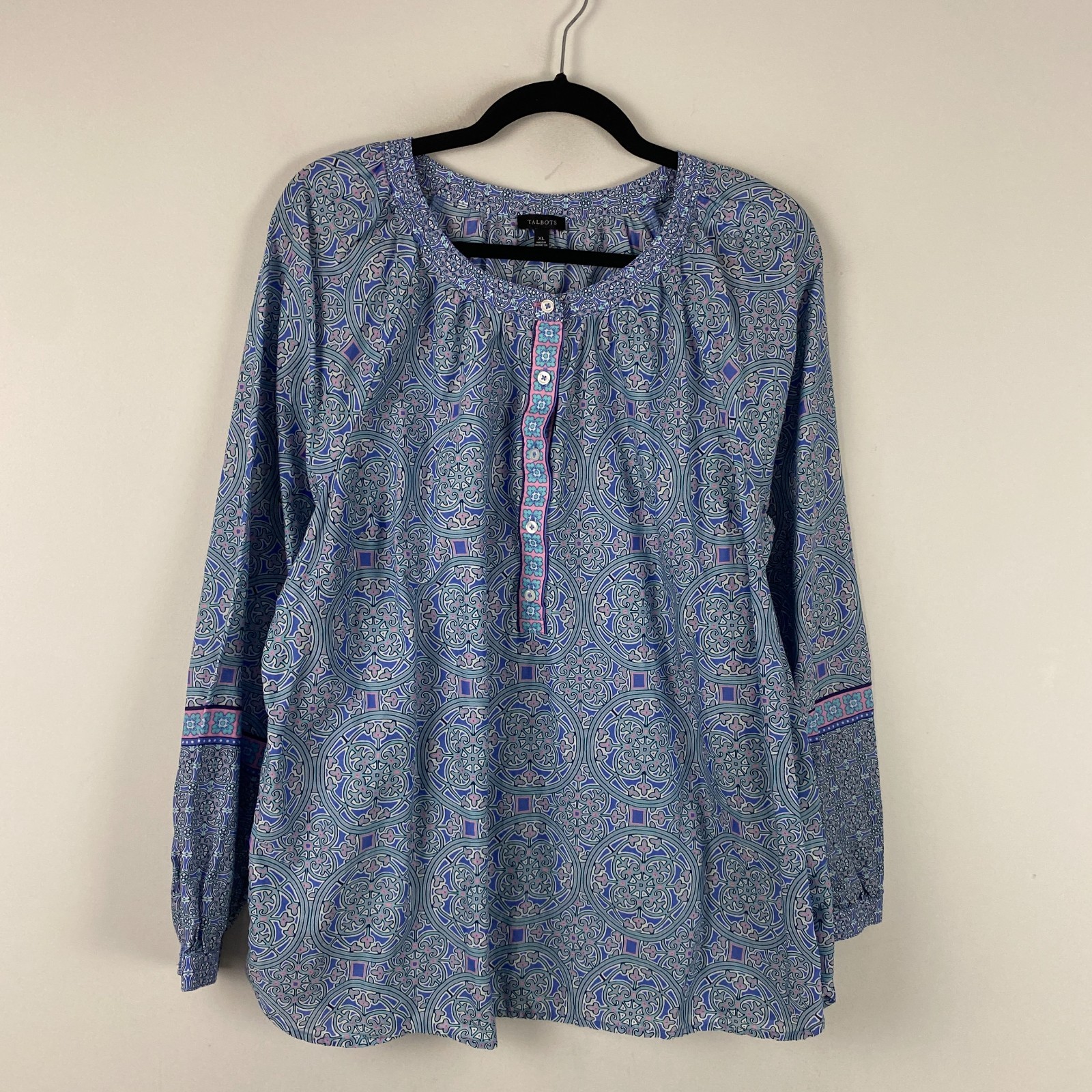 Talbots Long Sleeve Peasant Cotton Top XL Popover Long Sleeve Blue