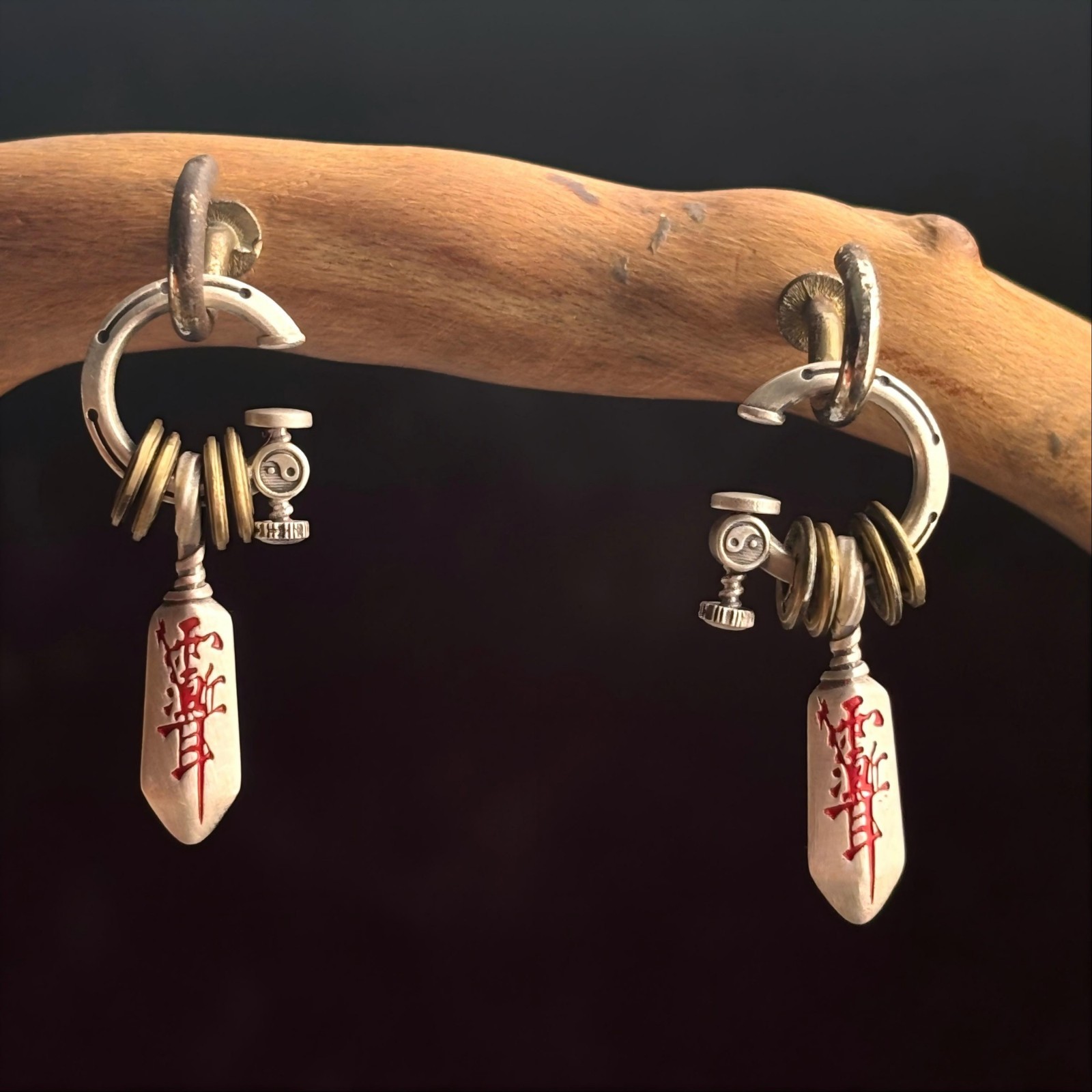 Masterblade Talisman Clip-on Earrings Ox Silver & Cinnabar, Adjustable Ear Cuffs
