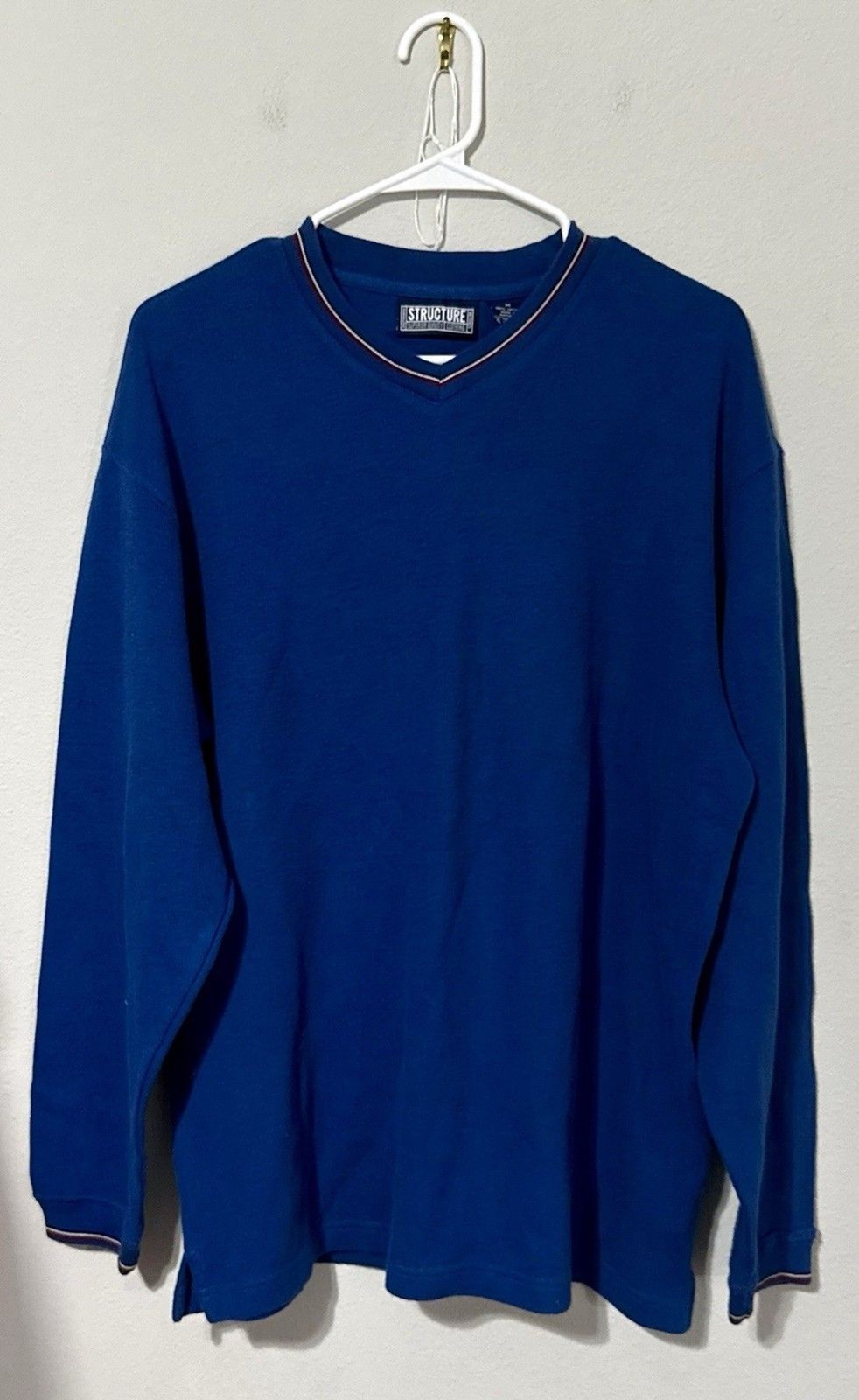 True Vintage 90s Structure Mens V-Neck Pullover Shirt Blue 100% Cotton Sz Med