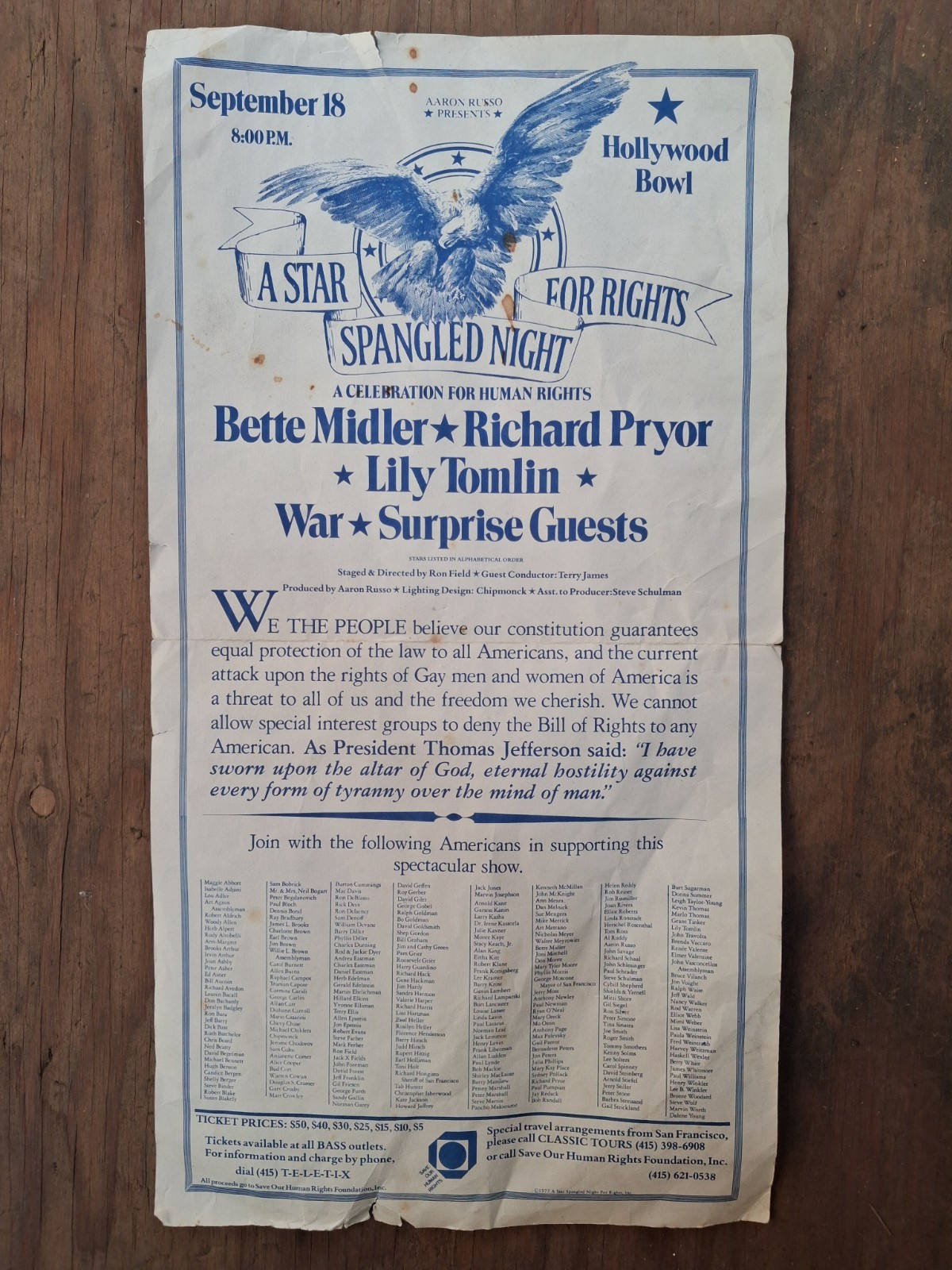 1977 Rare Bette Midler Richard Pryer Aaron Russo Hollywood Bowl Concert Poster