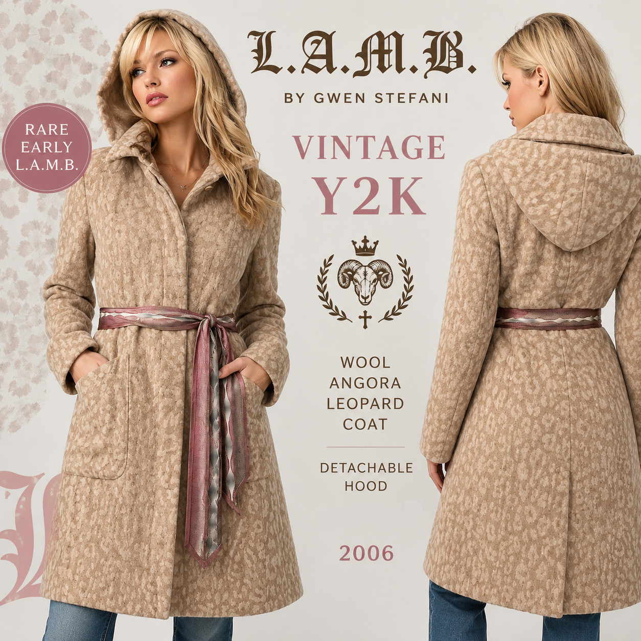 Vintage L.A.M.B. Gwen Stefani Wool Angora Leopard Coat Detachable Hood Y2K XS-S