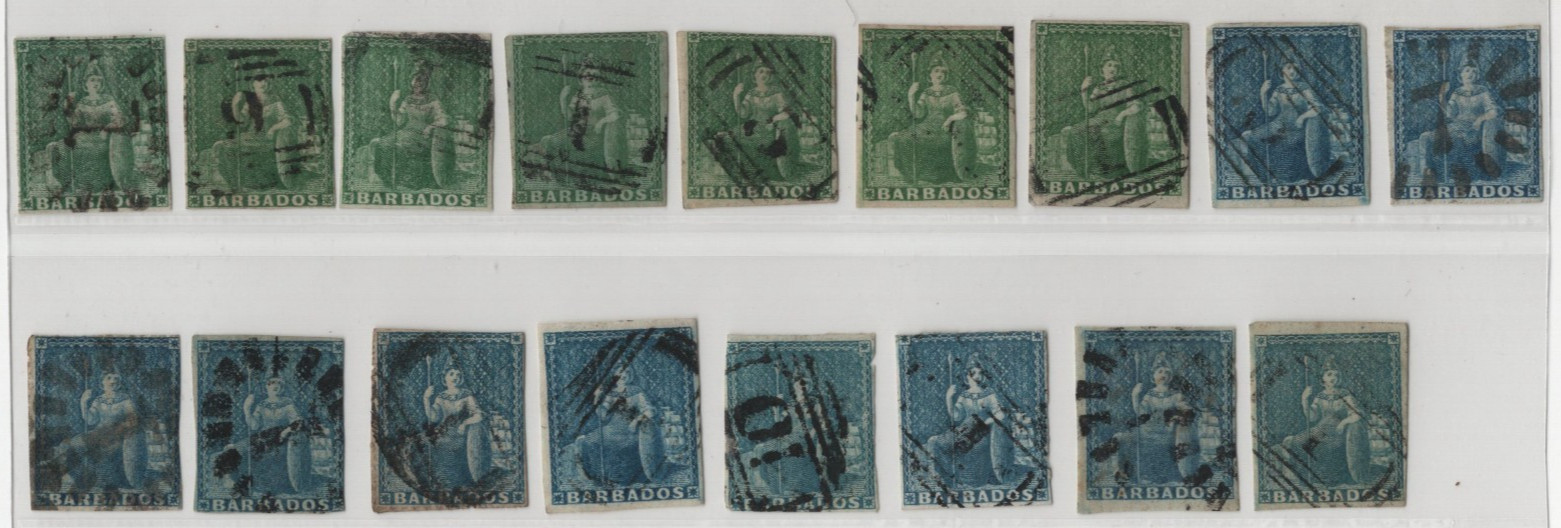 BARBADOS 1852-1858 FIRST ISSUES OF BRITANNIA LOT OF 17 IMPERF UNWATERMARKED
