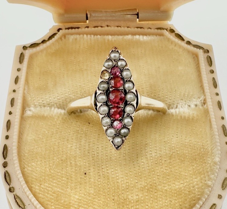 Antique Victorian 10k Gold Red Seed Pearl Ring Marquise S8.5 Unsigned Rare READ