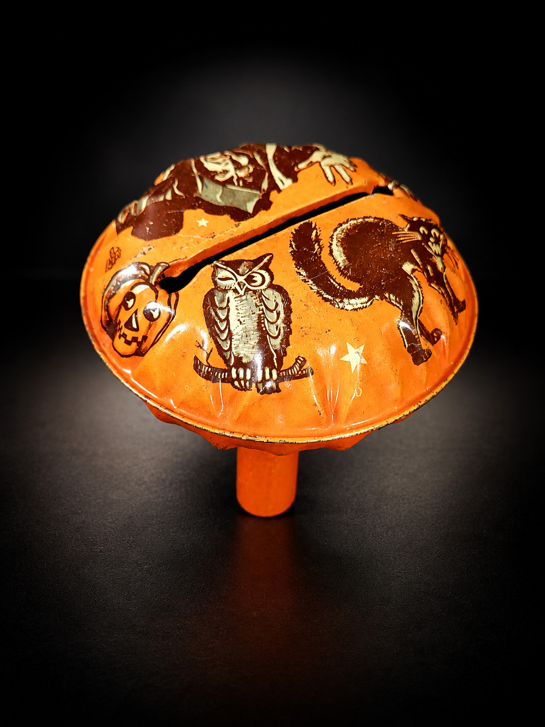 Vintage Halloween Tin Lithograph Noisemaker Wooden Handle Owl Black Cat Witch