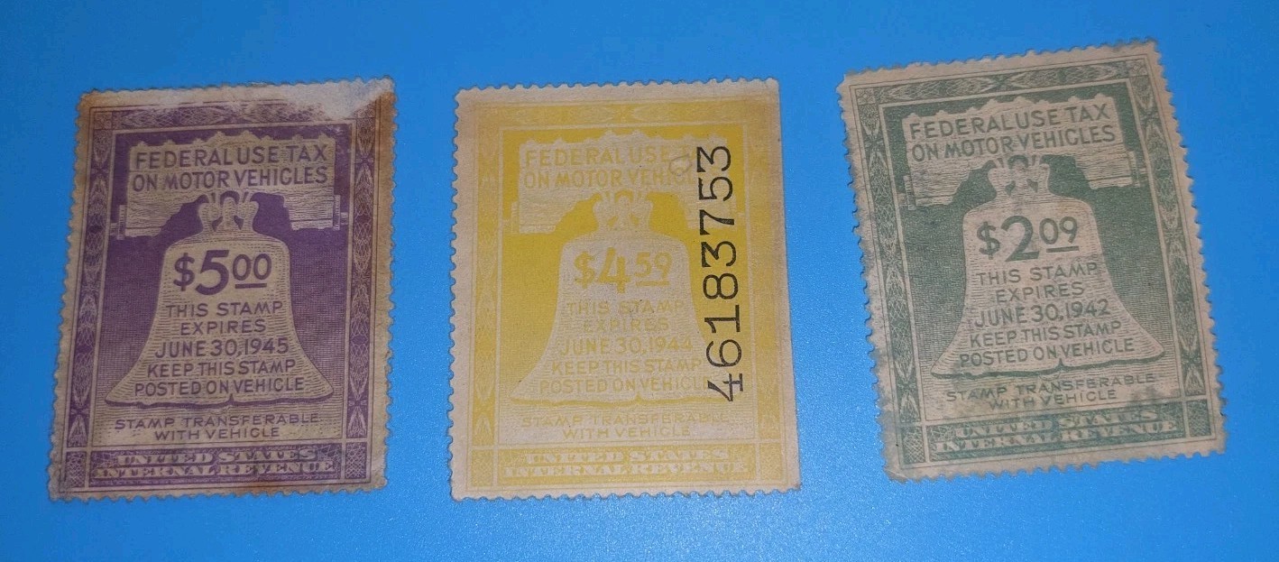 Vintage WWII US Motor Vehicle Federal Use Tax Revenue Stamps - Lot of 3... Vintage WWII US Motor Vehicle Federal Use Tax Revenue Stamps - Lot of 3...