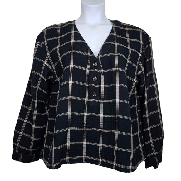 Madewell Womens Black Ivory Windowpane Lightspun Evert Top Size XL NWT Madewell Womens Black Ivory Windowpane Lightspun Evert Top Size XL NWT