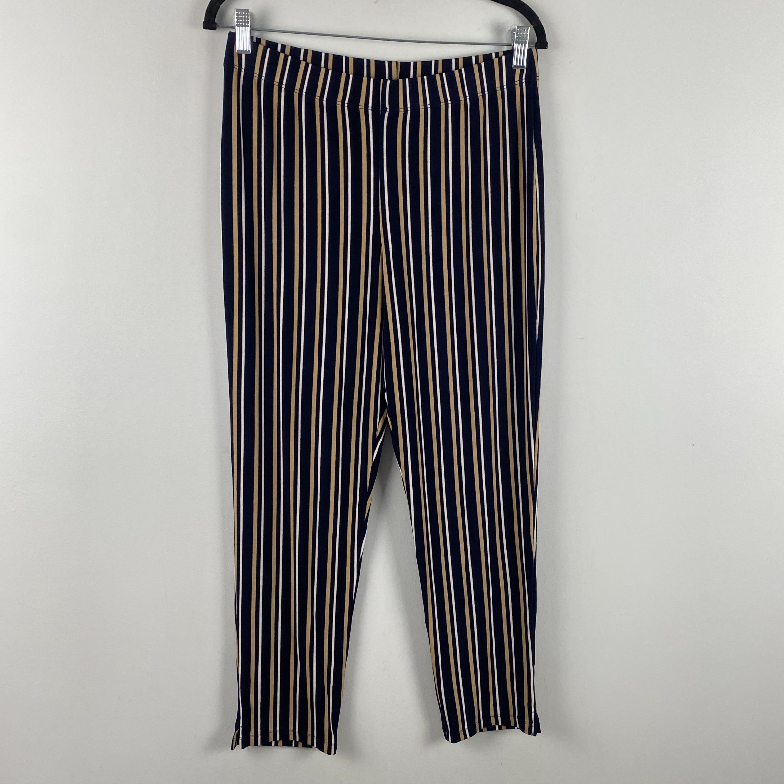 Chicos Travelers Slim Ankle Pants Size 1 US Medium Navy Tan Stripe Slinky Knit