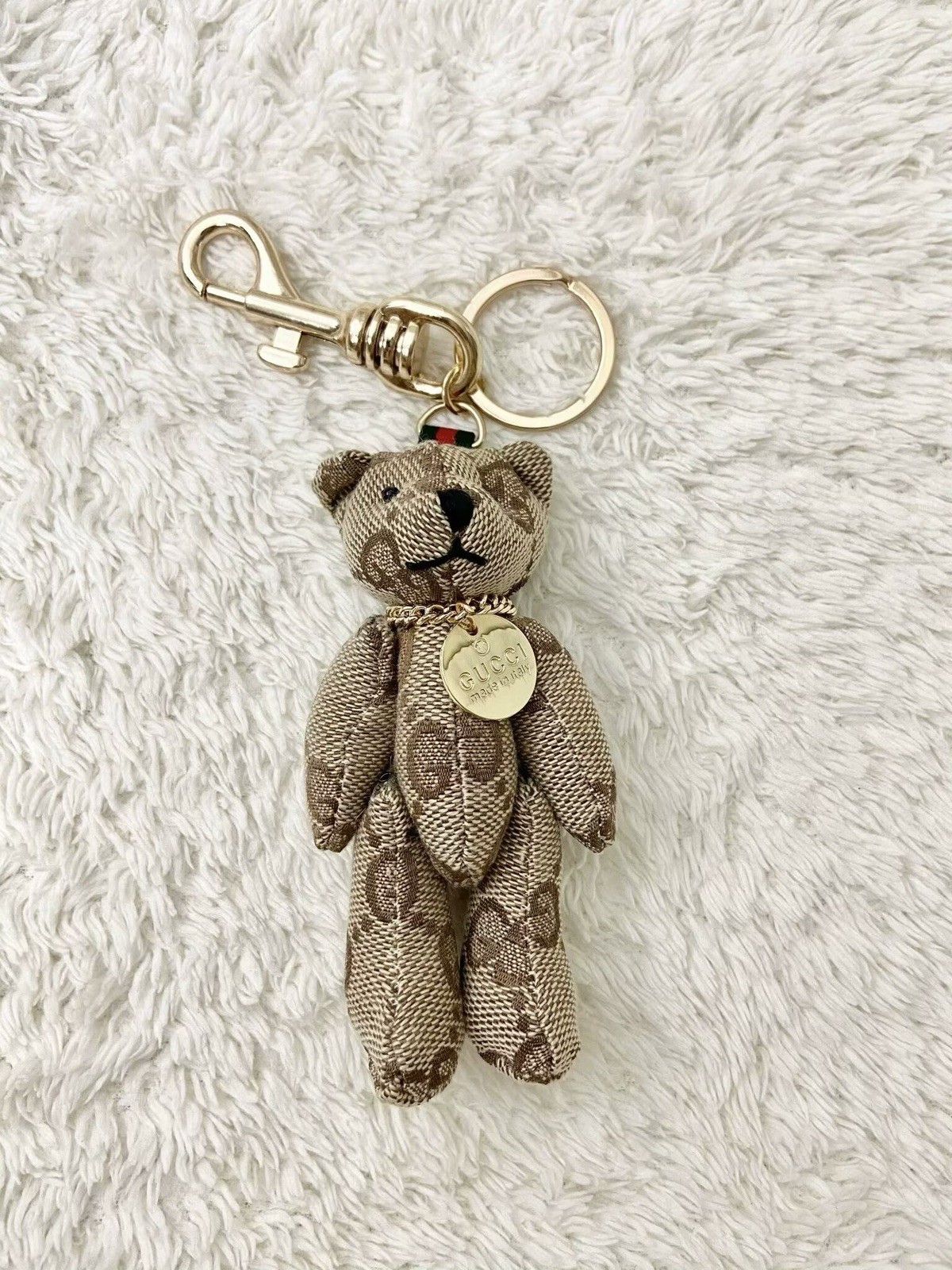 Upcycled Gucci GG Monogram Teddy Bear Keychian Charm 