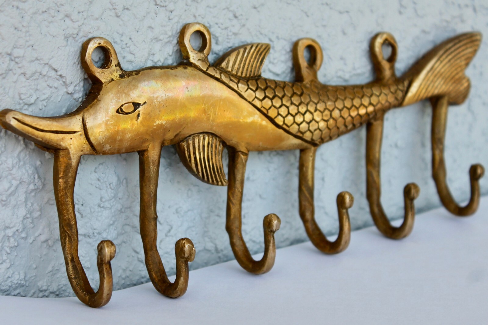 FISH Antique Hook vintage VTG mid century modern Bronze Brass wall coat keys 