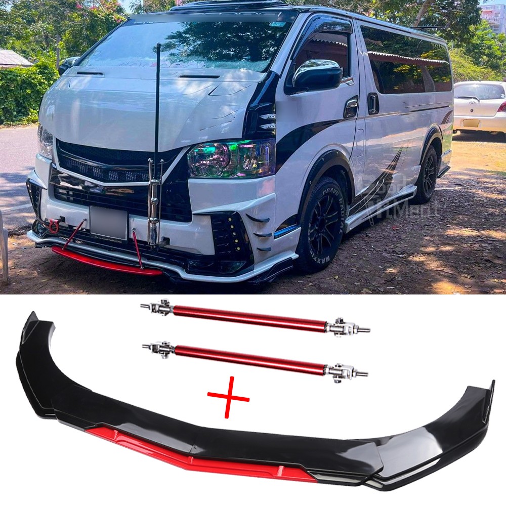 For Toyota Hiace 06-25 Front Bumper Lip Splitter Spoiler Body Kit + Strut Rods