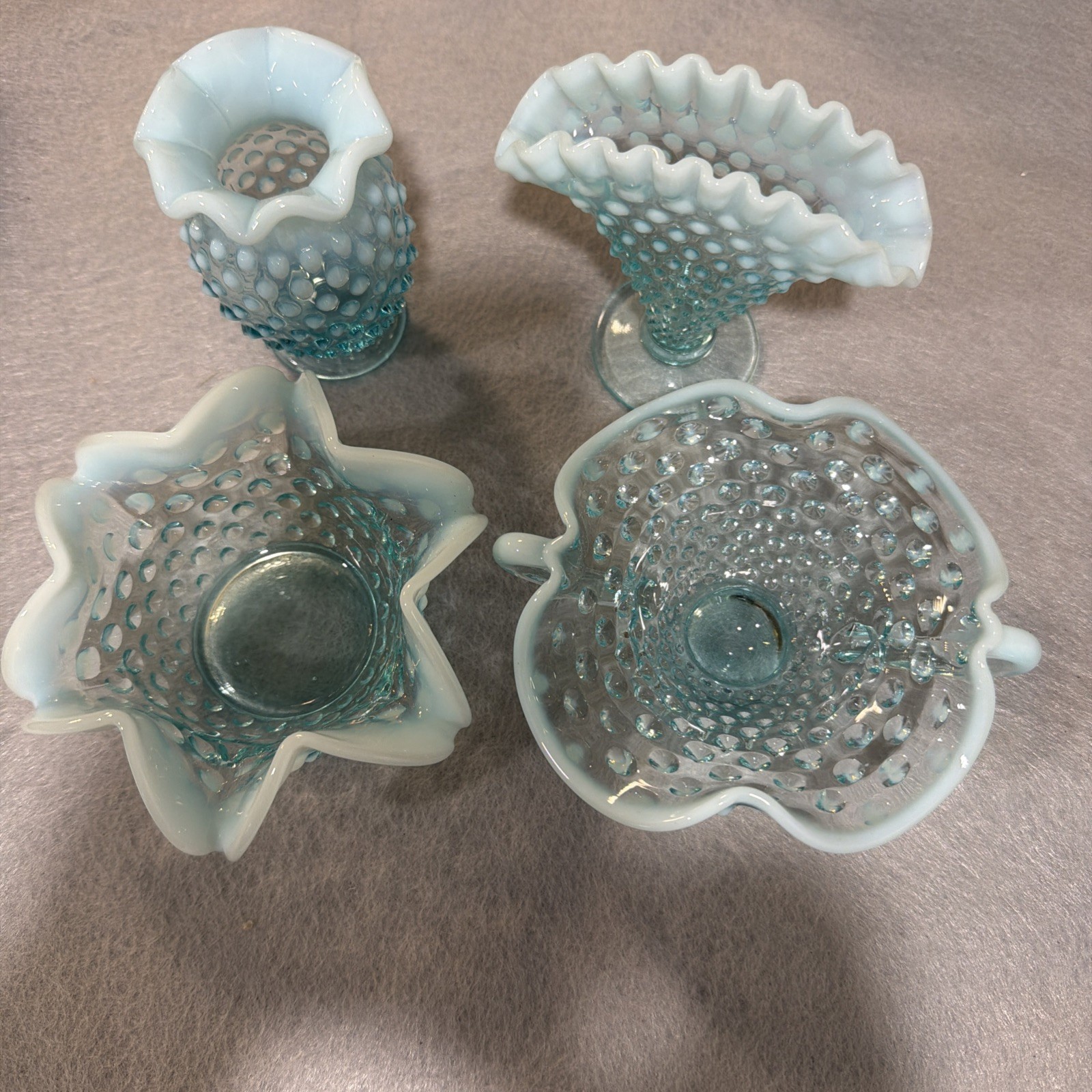 Vintage Blue Opalescent Hobnail Rose Bowl Vase Ruffled Rim Dish Lot Vintage Blue Opalescent Hobnail Rose Bowl Vase Ruffled Rim Dish Lot