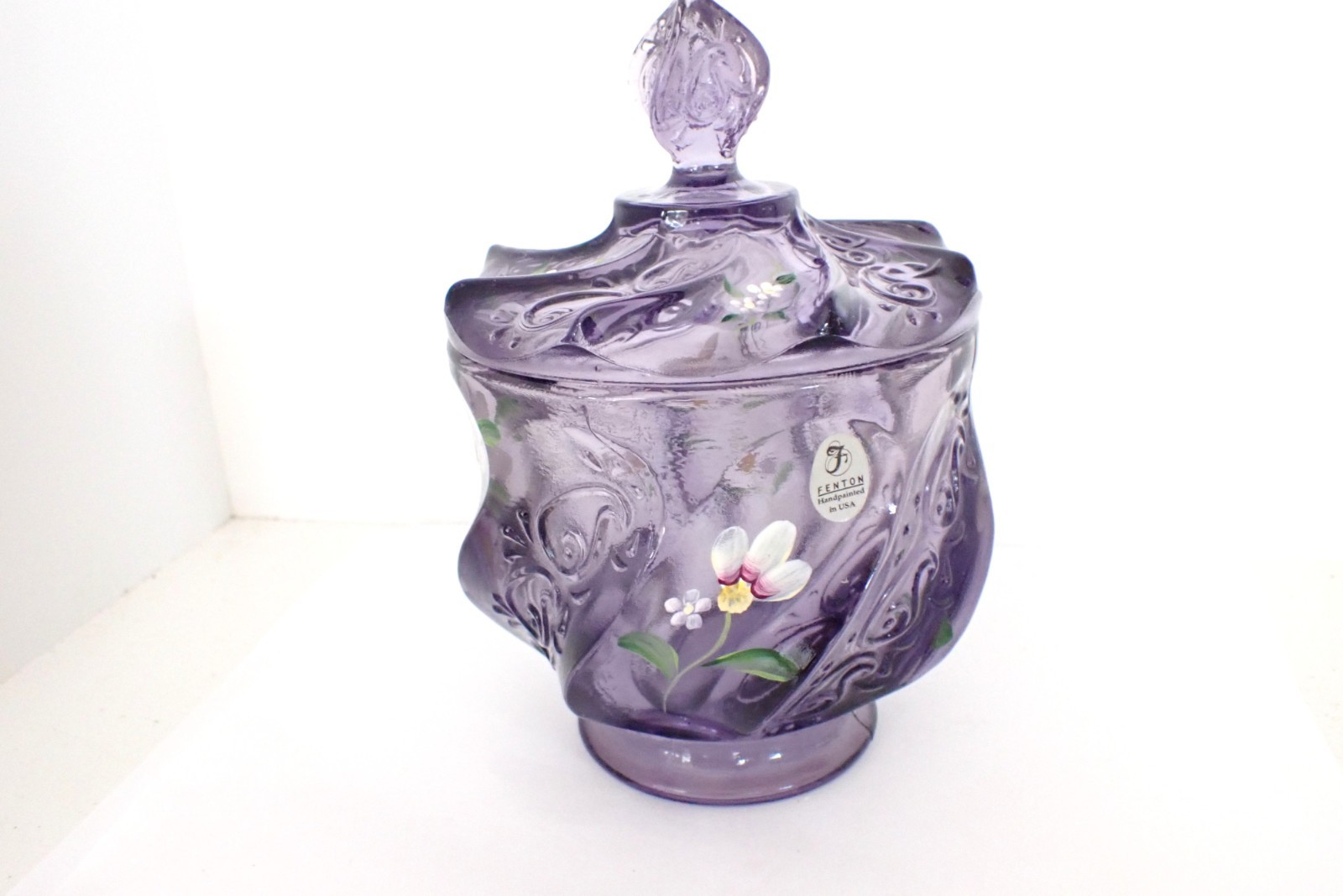Vintage Fenton Paisley Swirl Candy Dish W/ Lid Purple Daisies H. Painted Signed Vintage Fenton Paisley Swirl Candy Dish W/ Lid Purple Daisies H. Painted Signed