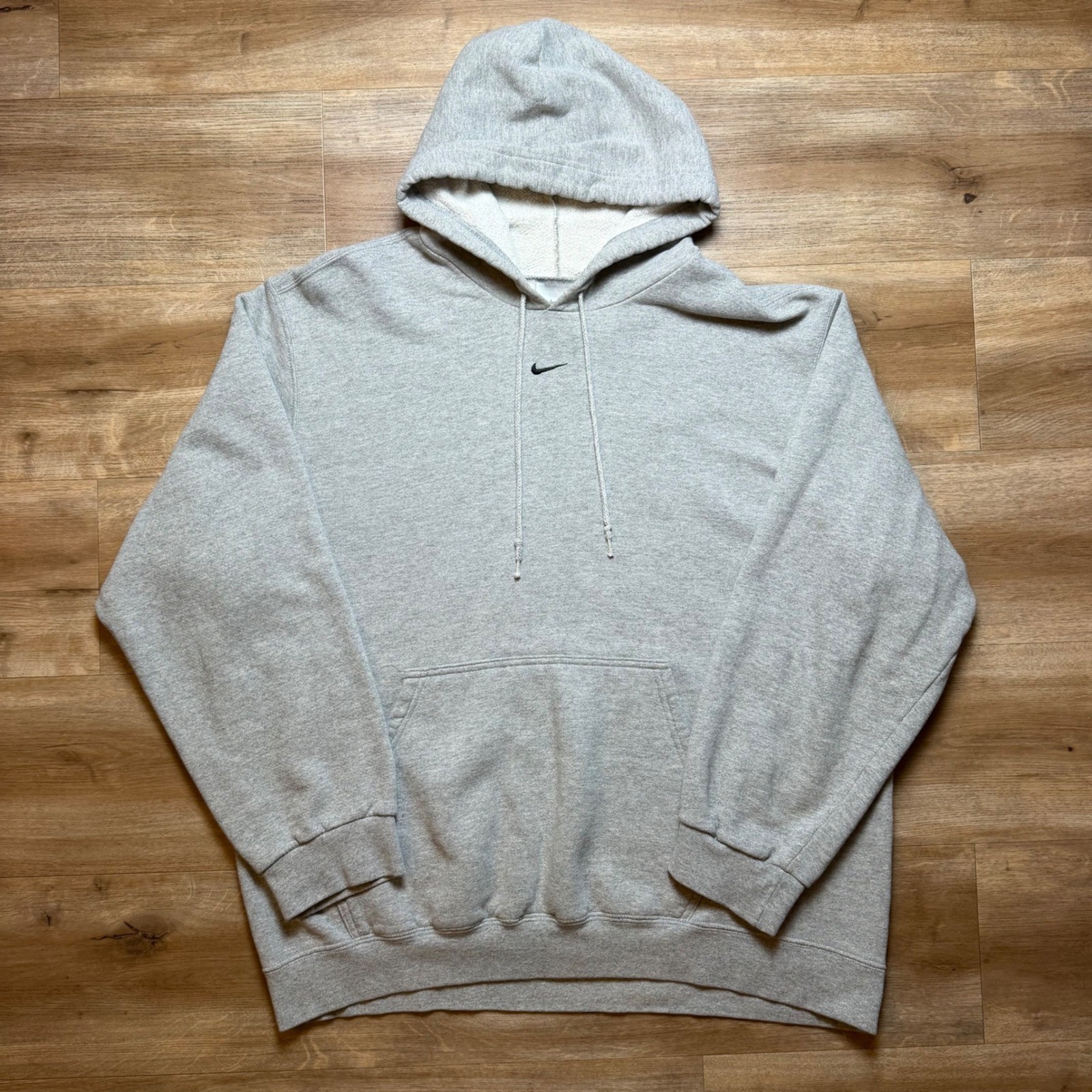 Vintage Nike Hoodie Men XL Gray Center Swoosh Embroidery Pullover Sweatshirt Y2K