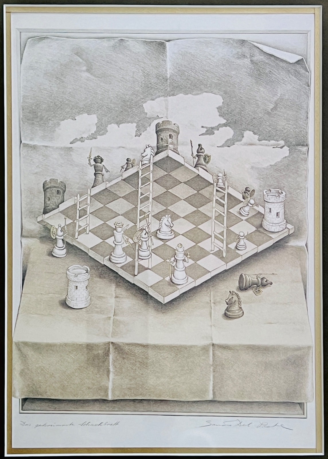 Surreal ILLUSION CHESS Art Print  WARPED CHESSBOARD Framed - SANDRO DEL PRETE 