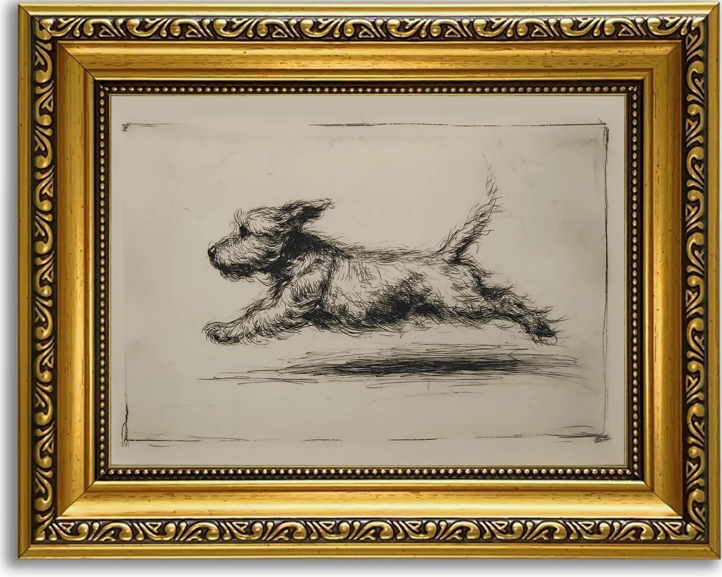 Vintage Gold Framed Antique Terrier Portrait Sketch Canvas 10x8 Wall Art