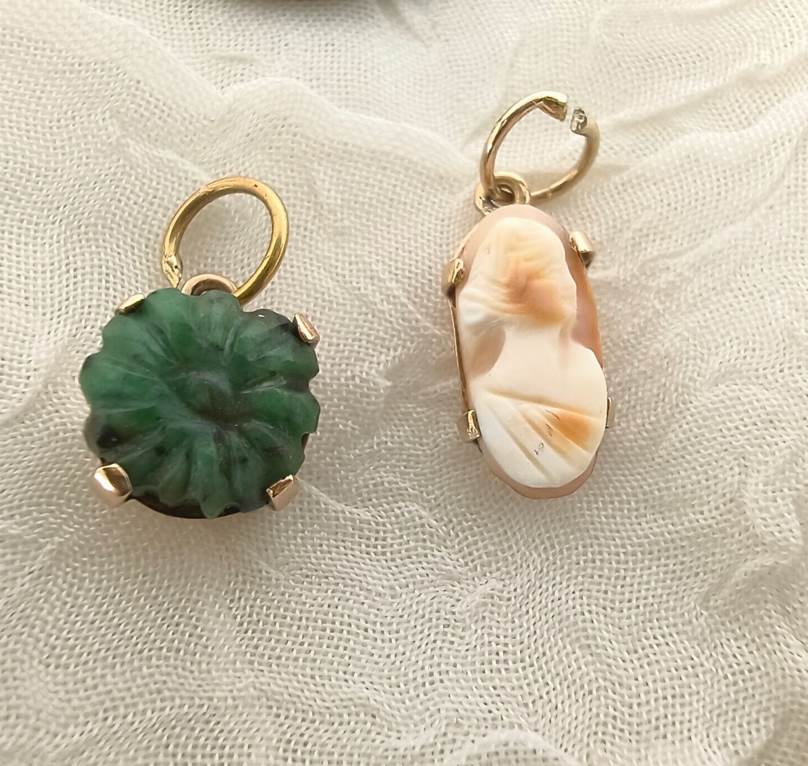 Vintage Carved Shell Cameo Charm Lady Profile & Jadeite Flower Charm both 10k Vintage Carved Shell Cameo Charm Lady Profile & Jadeite Flower Charm both 10k