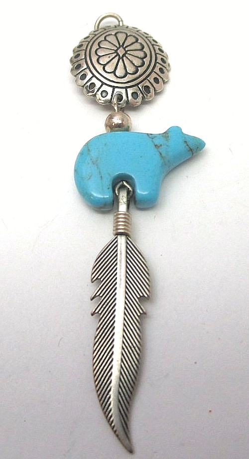 Vintage Quoc Turquoise and Sterling Silver Navajo Feather Signed Pendant