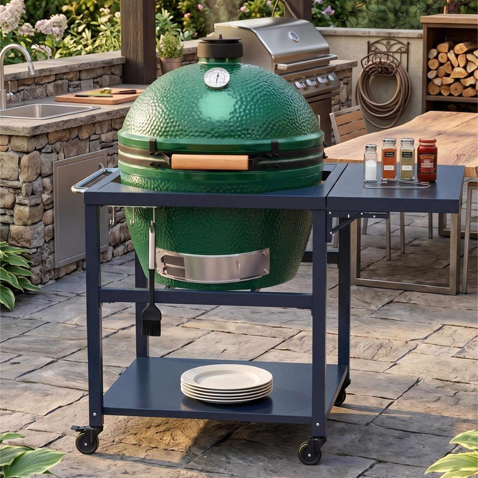 Big Green Egg Table for XL BGE with Locking Casters, Grill Stand w/ Side Table Big Green Egg Table for XL BGE with Locking Casters, Grill Stand w/ Side Table