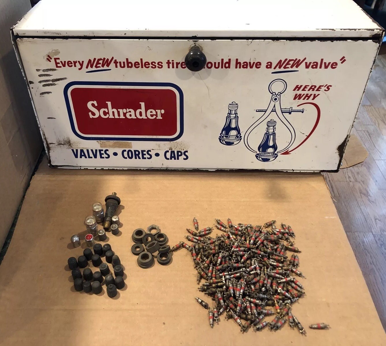 Vintage 1950’s Schrader Tubeless Tire Valves Cores Caps Parts &Display Cabinet