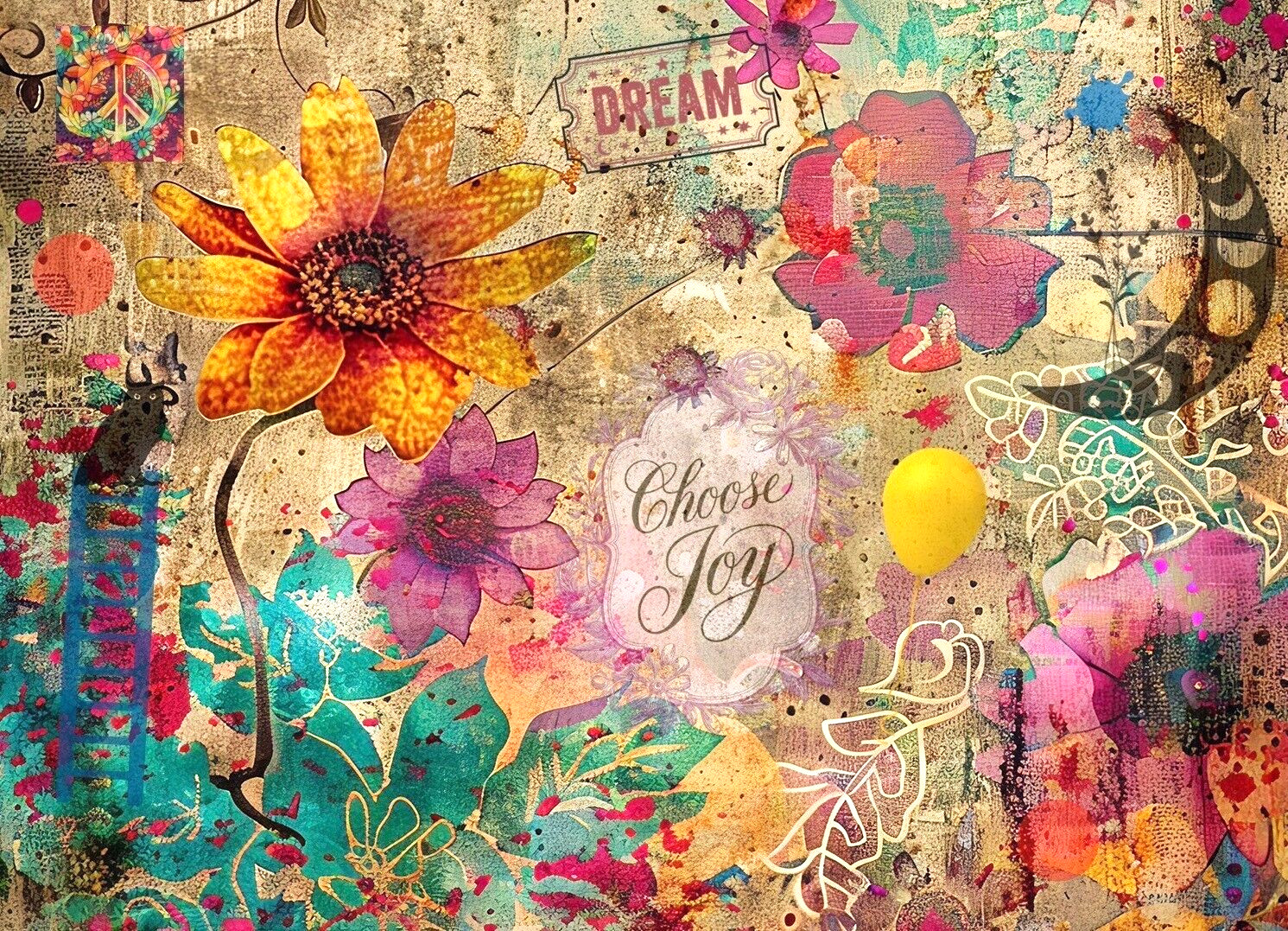 Abstract flower collage print from mixed media painting 2.5x3.5 ACEO