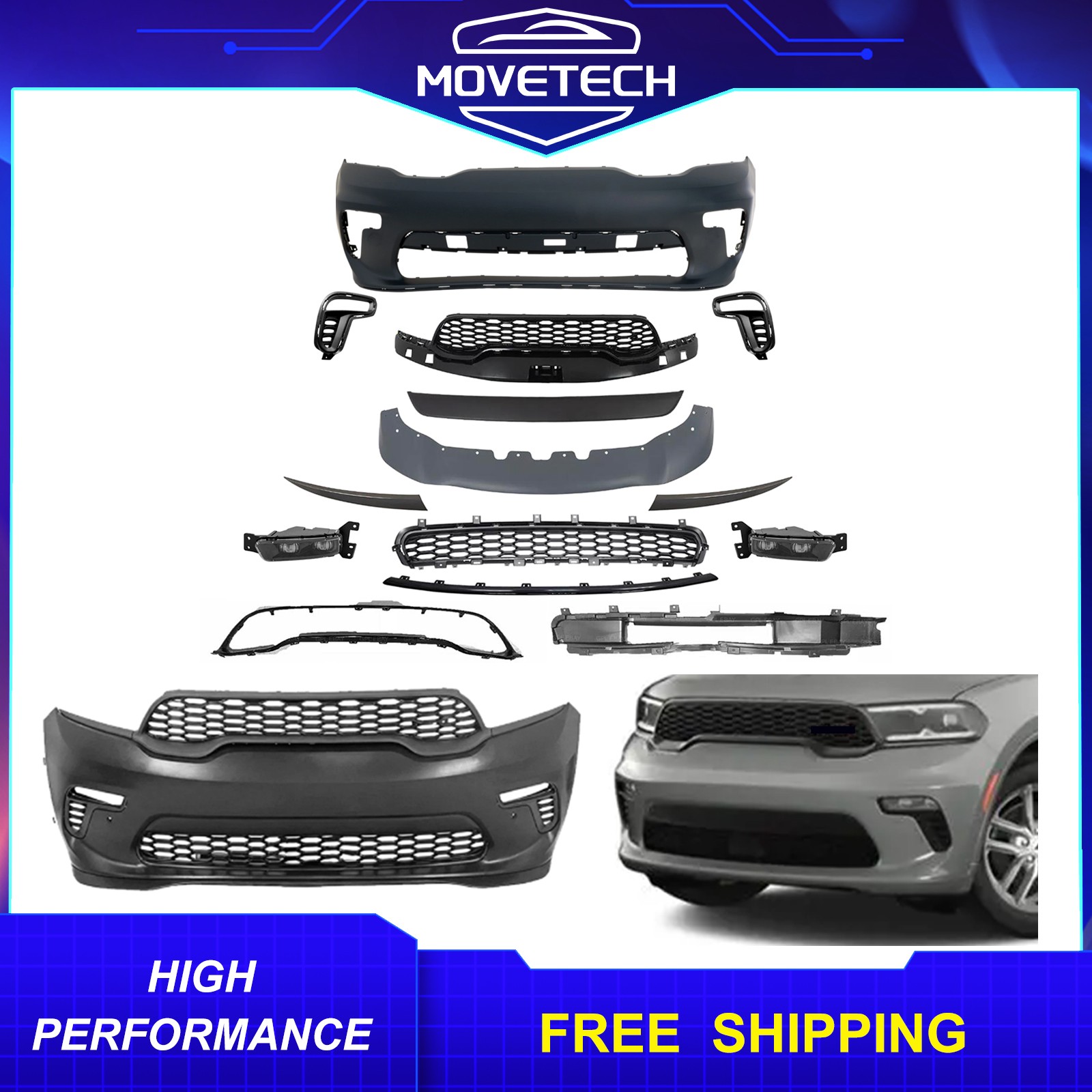 Complete Front Bumper Grille Kit w/ Fog Light For 2021 2022 2023 Dodge Durango Complete Front Bumper Grille Kit w/ Fog Light For 2021 2022 2023 Dodge Durango