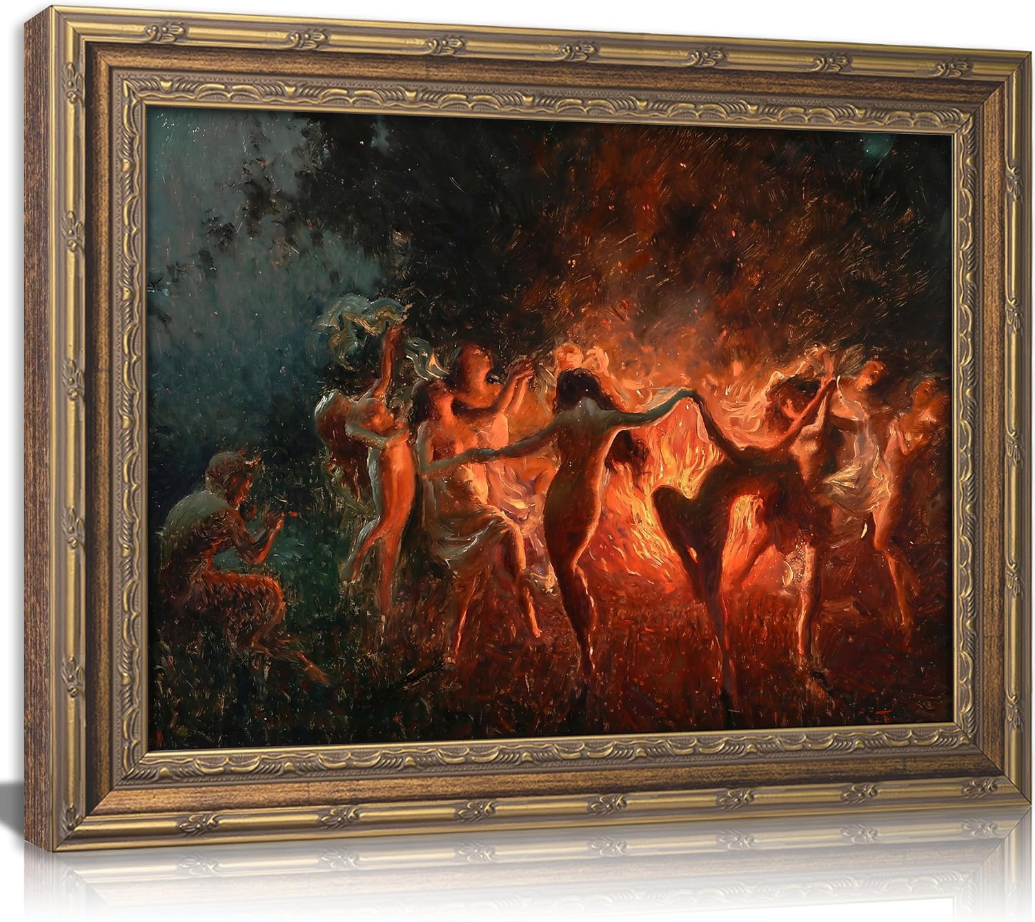 Vintage Gold Framed Gothic Wall Art, Fire Dance Oil Painting Canvas Prints, Witc