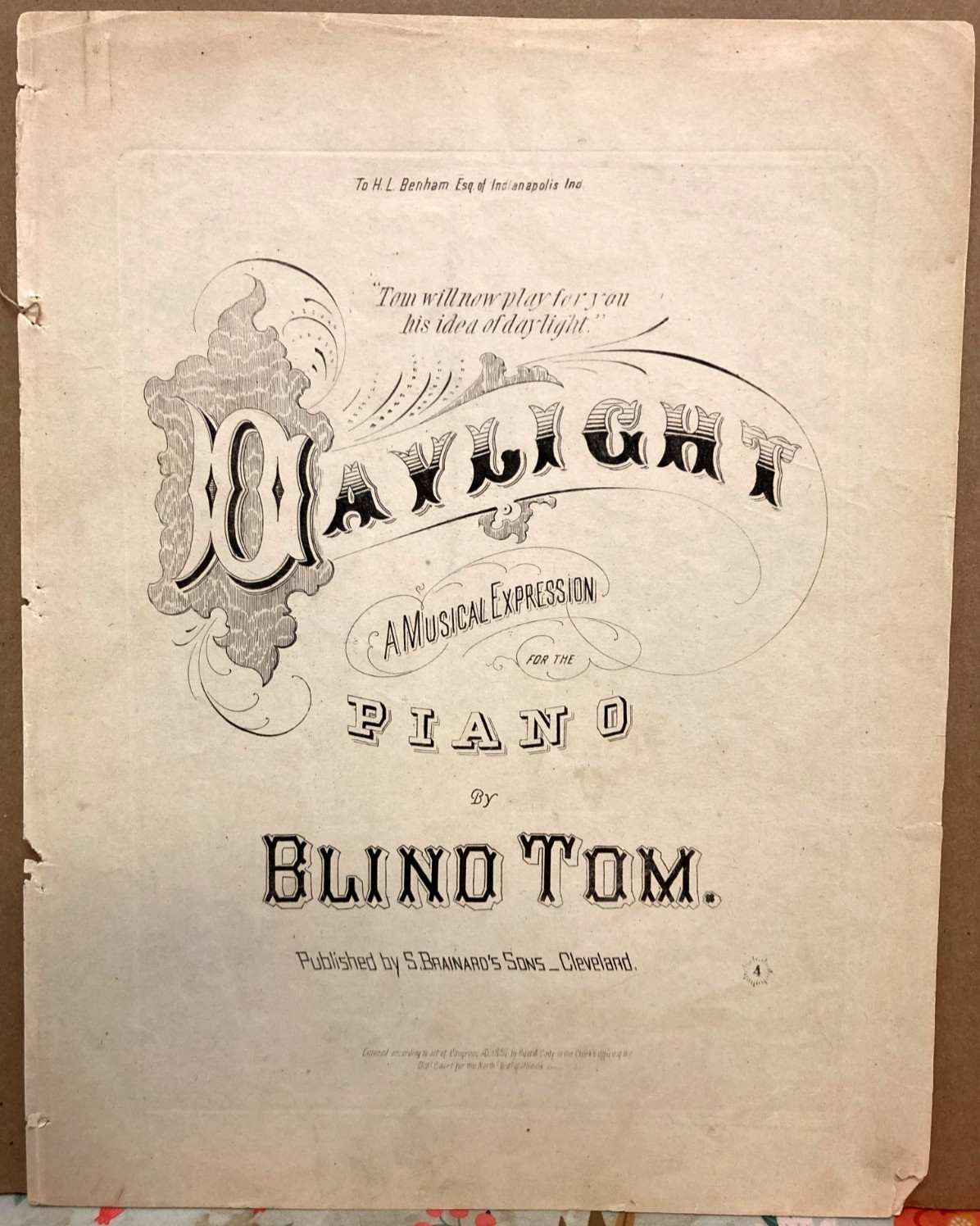Antique Blind Tom Sheet Music~African American Savant Pianist Composer~Ex Slave