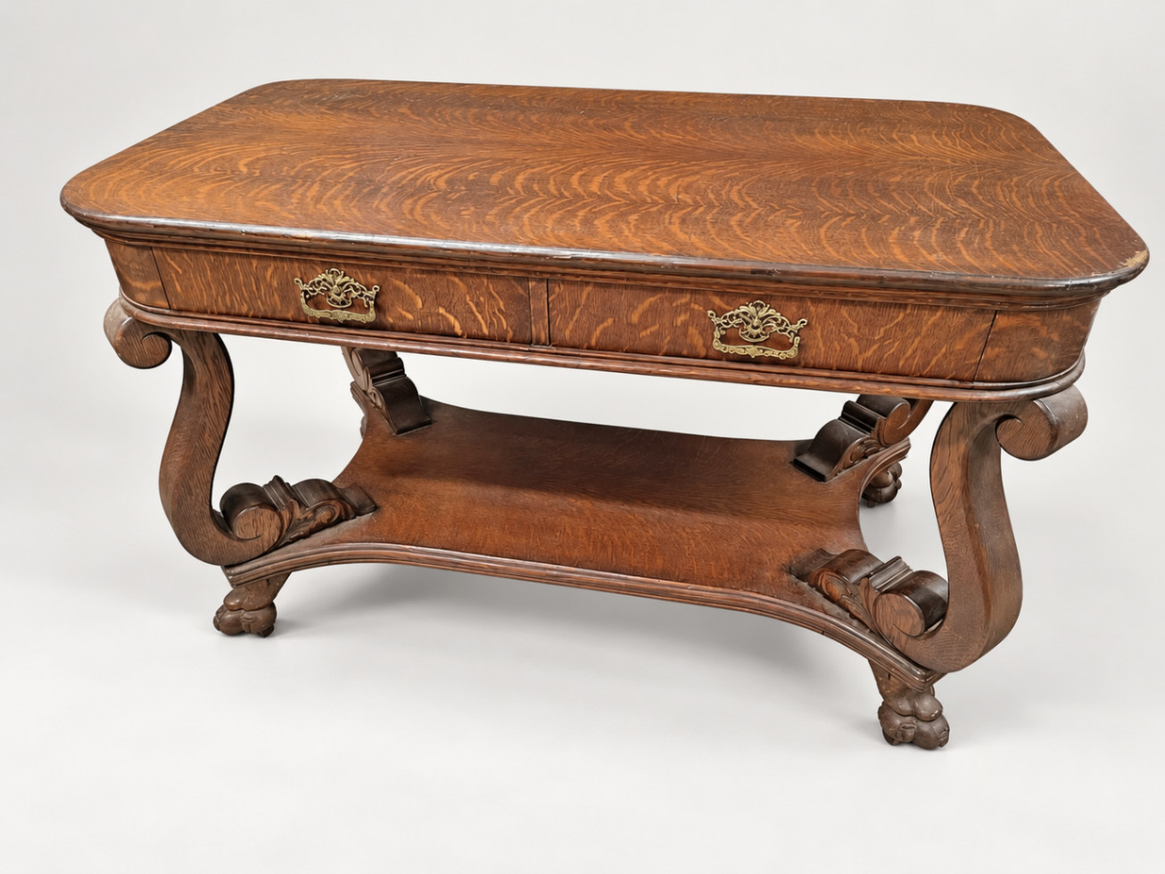 Antique Quartersawn Oak Parlor Coffee Table with Drawers & Shelf Ornate Carved