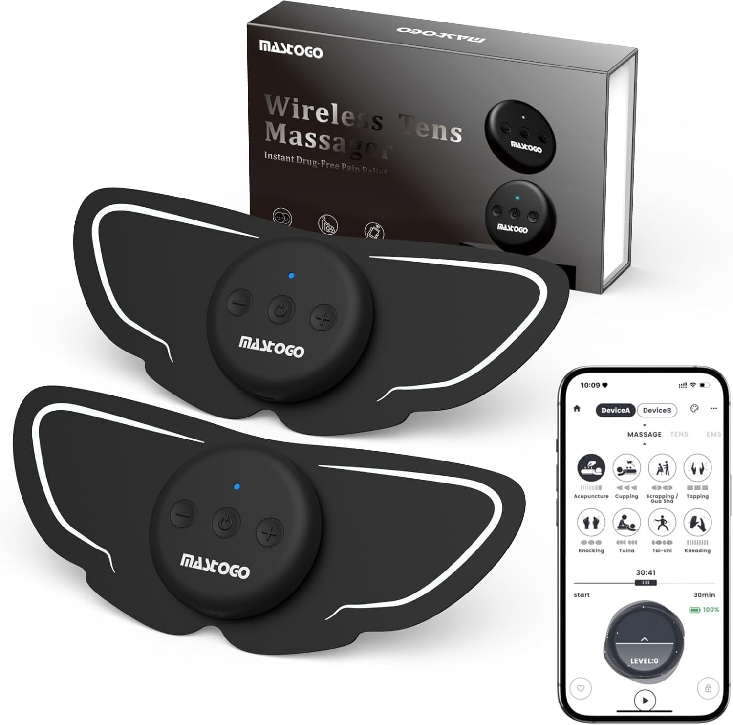 MASTOGO Wireless TENS Unit, Dual Host Muscle Stimulator with APP Control Up to 2 MASTOGO Wireless TENS Unit, Dual Host Muscle Stimulator with APP Control Up to 2