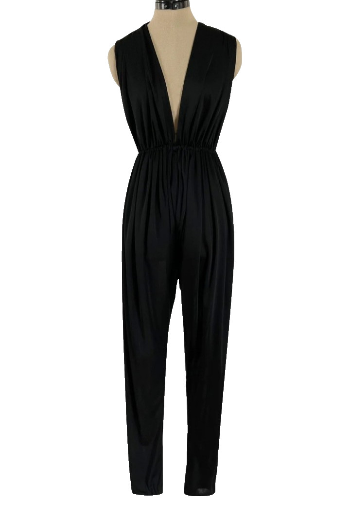 Vtg 70s Iconic Halston IV Black Jersey Jumpsuit Plunging Front Sides P Disco