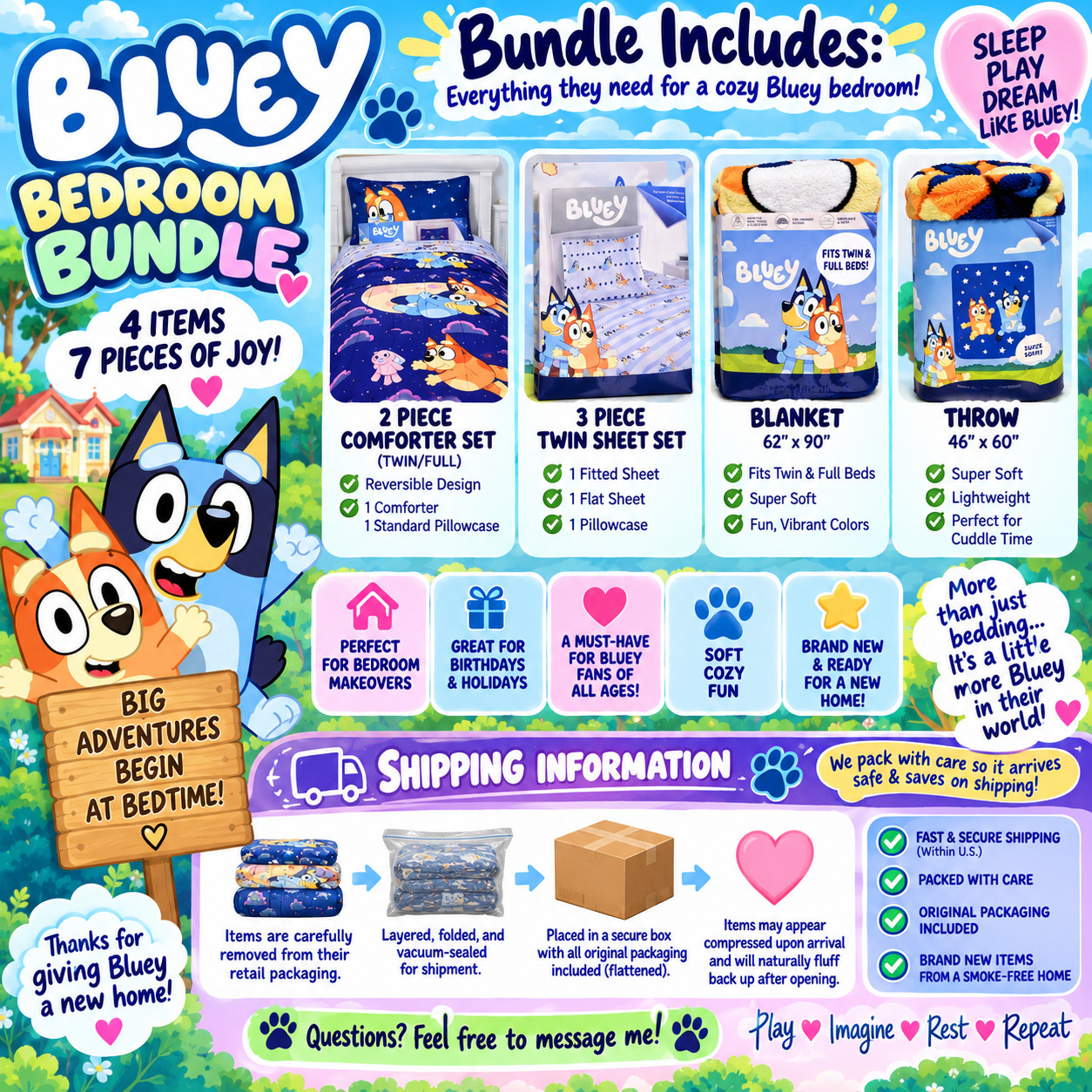Bluey 7 Piece Twin Full Bedroom Bedding Set Comforter Sheets Blanket Throw NEW