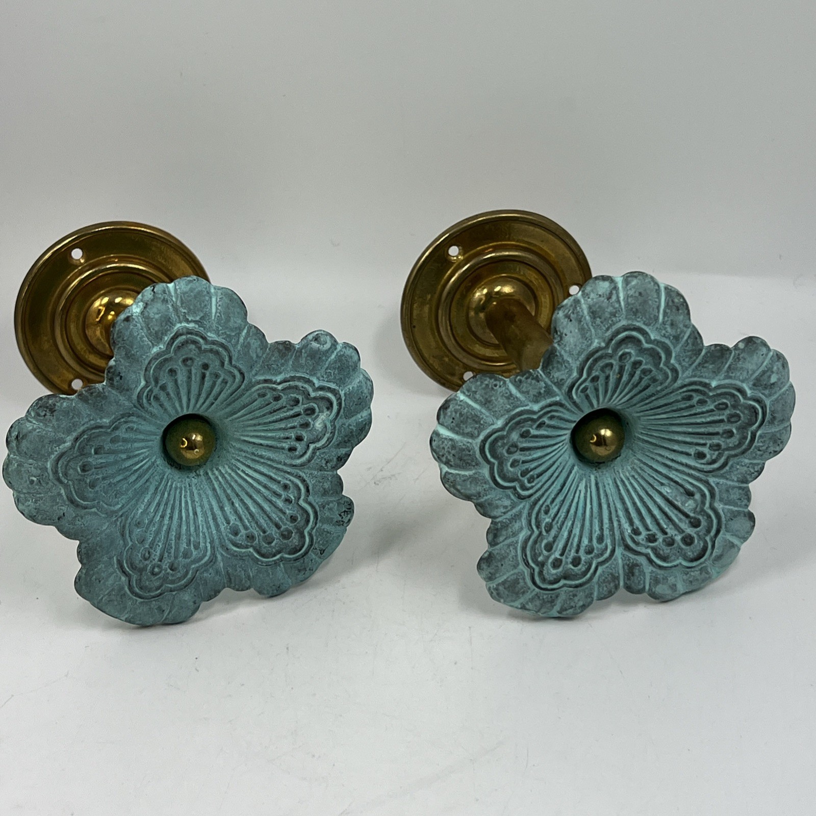 Vtg Pair GREEN Verdigris BRASS Flower Floral Medallion CURTAIN Tie Back