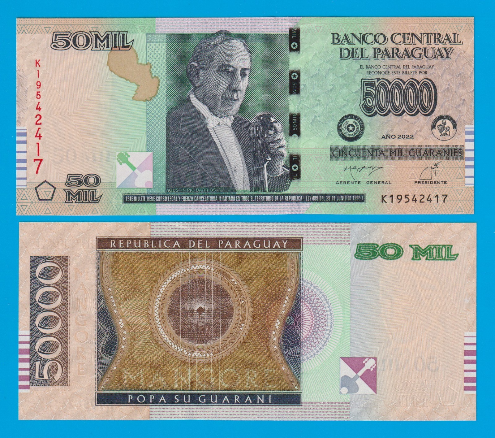 Paraguay 50000 Guarani, P 239, 2022, UNC 50 MIL, 50,000