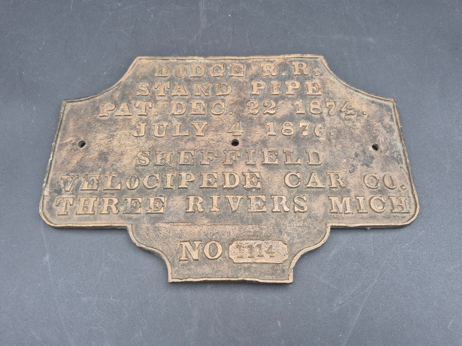 rare antique dodge railroad sheffield velocipede car co. bronze plaque sign rare antique dodge railroad sheffield velocipede car co. bronze plaque sign