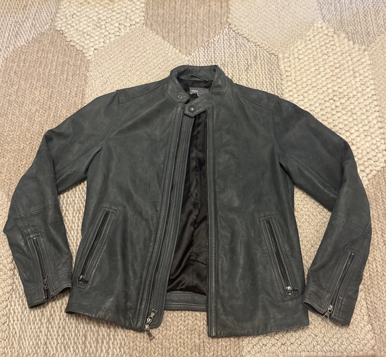 $1500+ Men VINCE British Cafe Racer Luxury Heavy Leather Gray Biker Moto Jacket