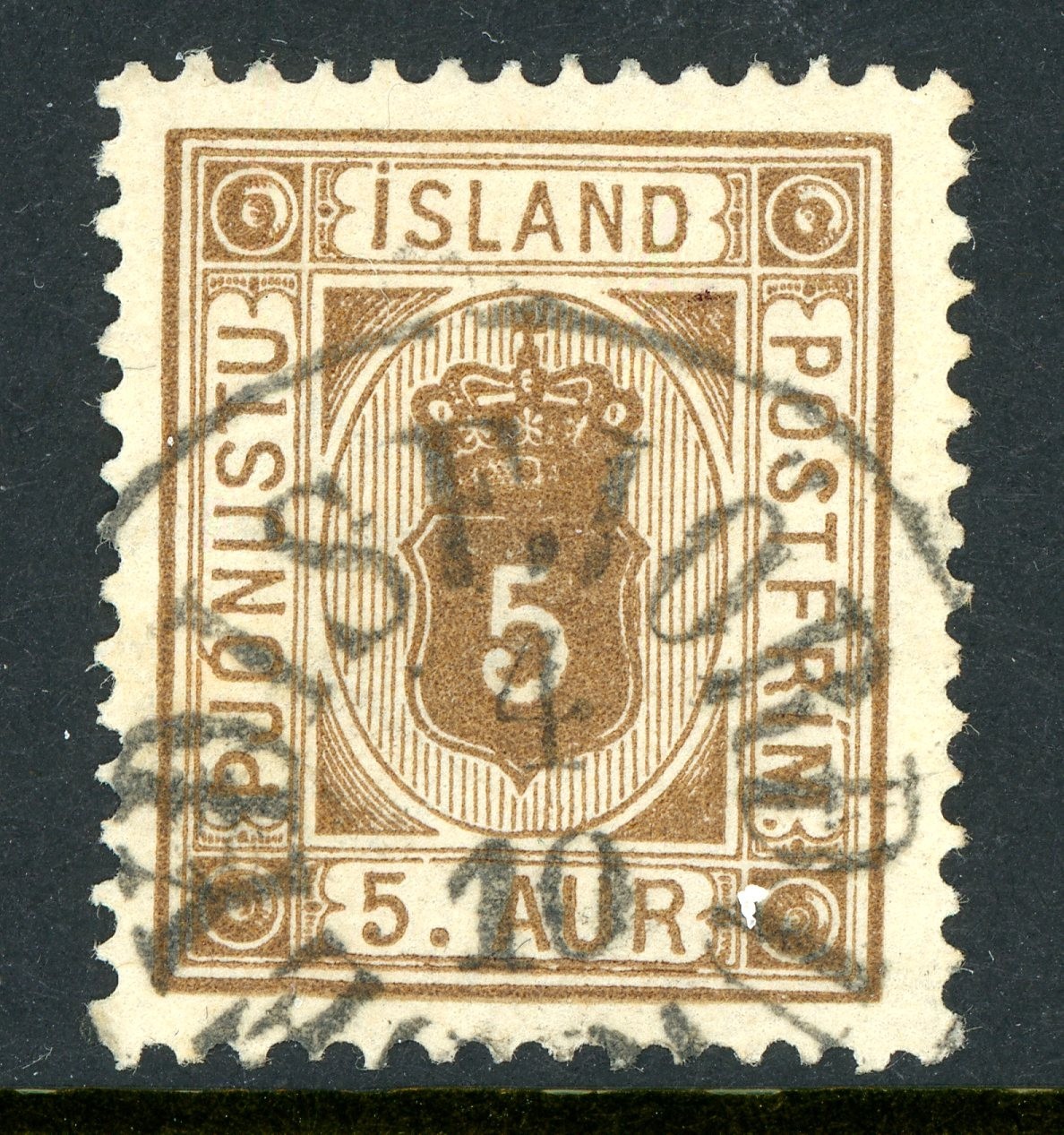 Iceland 1876 Official 5 Aur Brown *Perf 14x13½* Scott #O5 VFU T840 Iceland 1876 Official 5 Aur Brown *Perf 14x13½* Scott #O5 VFU T840