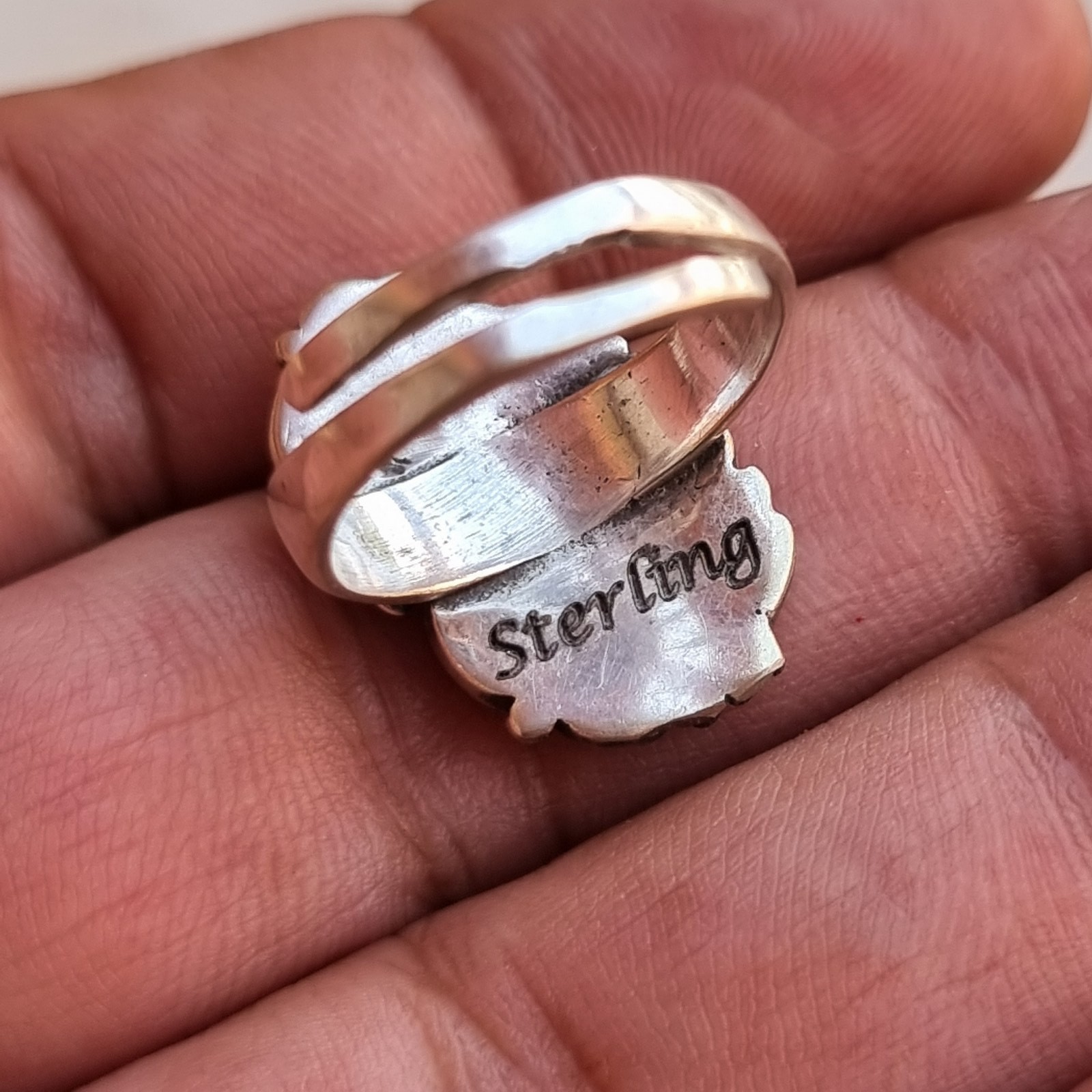 Old Pawn Navajo sterling silver Ring Turquoise Coral Leaf Design size adjustable