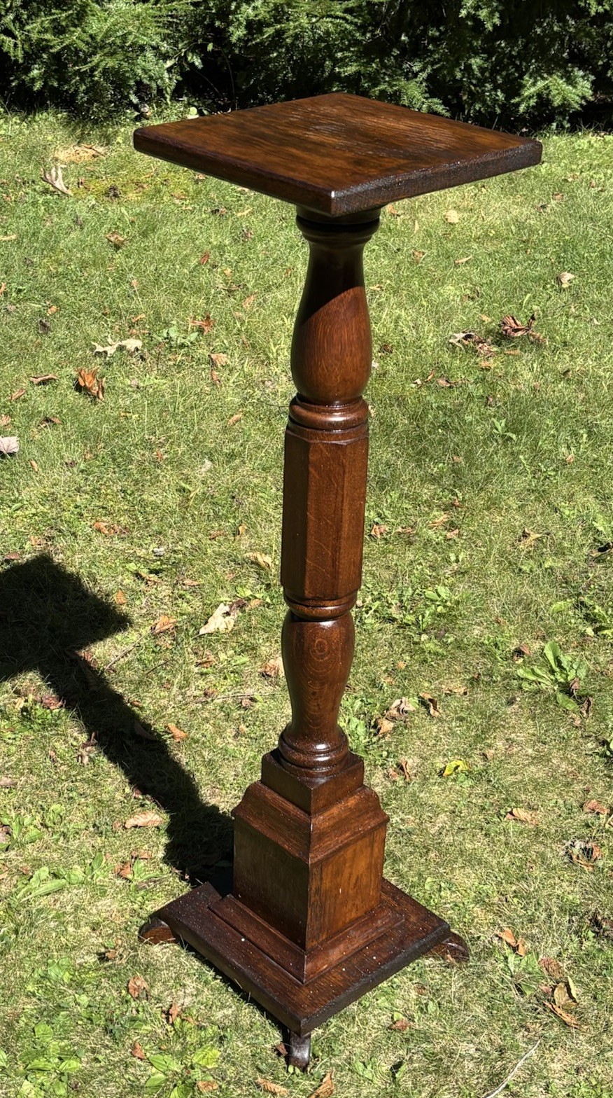 Antique Vintage Turned Quarter Sawn Tiger Oak Pedestal Plant Stand 38.25\ Antique Vintage Turned Quarter Sawn Tiger Oak Pedestal Plant Stand 38.25\