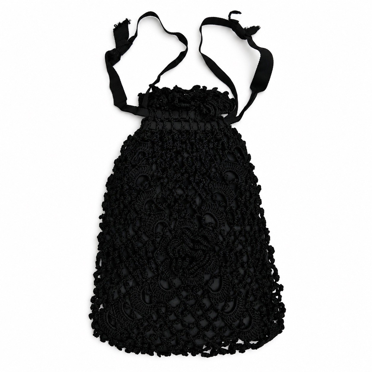 Antique 1910s 1920s Black Crochet Reticule Silk Lined Floral Evening Purse Antique 1910s 1920s Black Crochet Reticule Silk Lined Floral Evening Purse