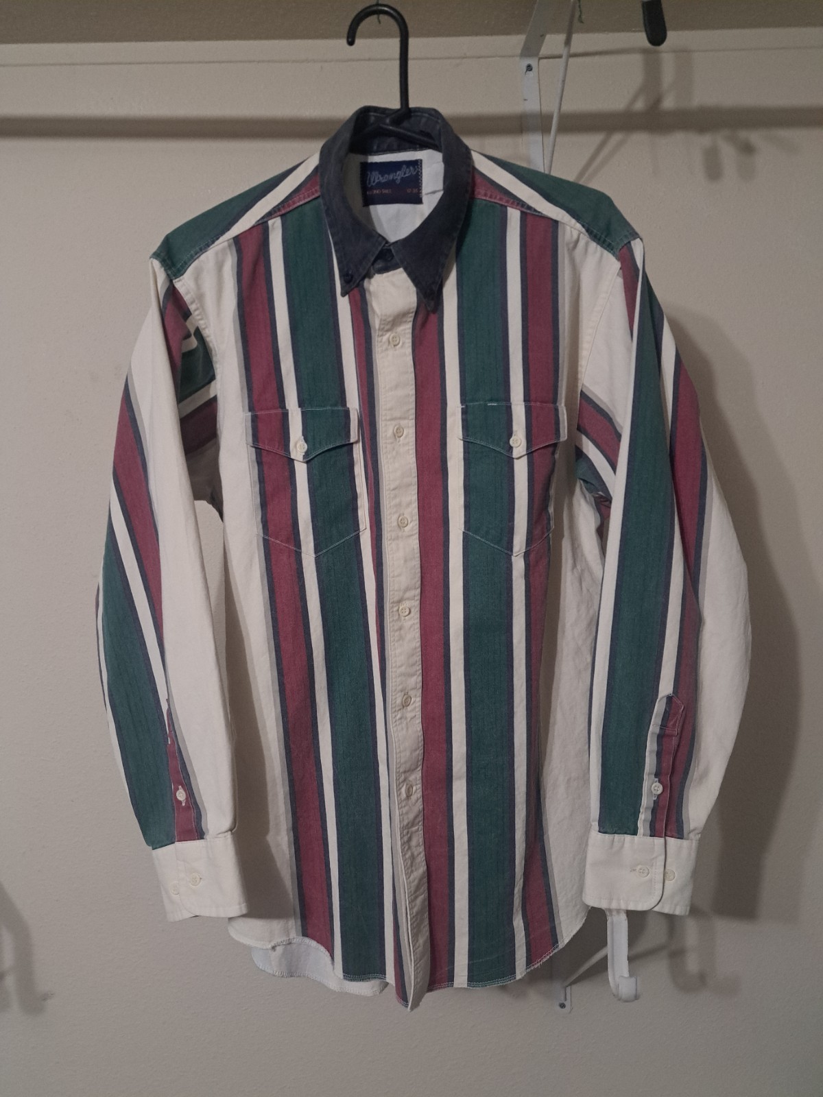 Vintage Wrangler Shirt Mens 17-35 Brushpopper Striped X-Long Tails Green Red