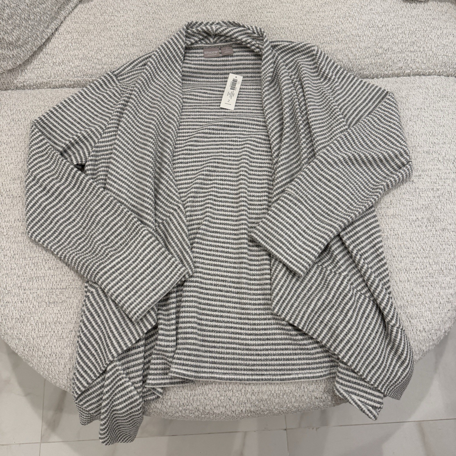 NWT Chico’s Cozy Stripe Gray Sweater Cardigan Chico’s Size 2 US 12/14 Large NWT Chico’s Cozy Stripe Gray Sweater Cardigan Chico’s Size 2 US 12/14 Large