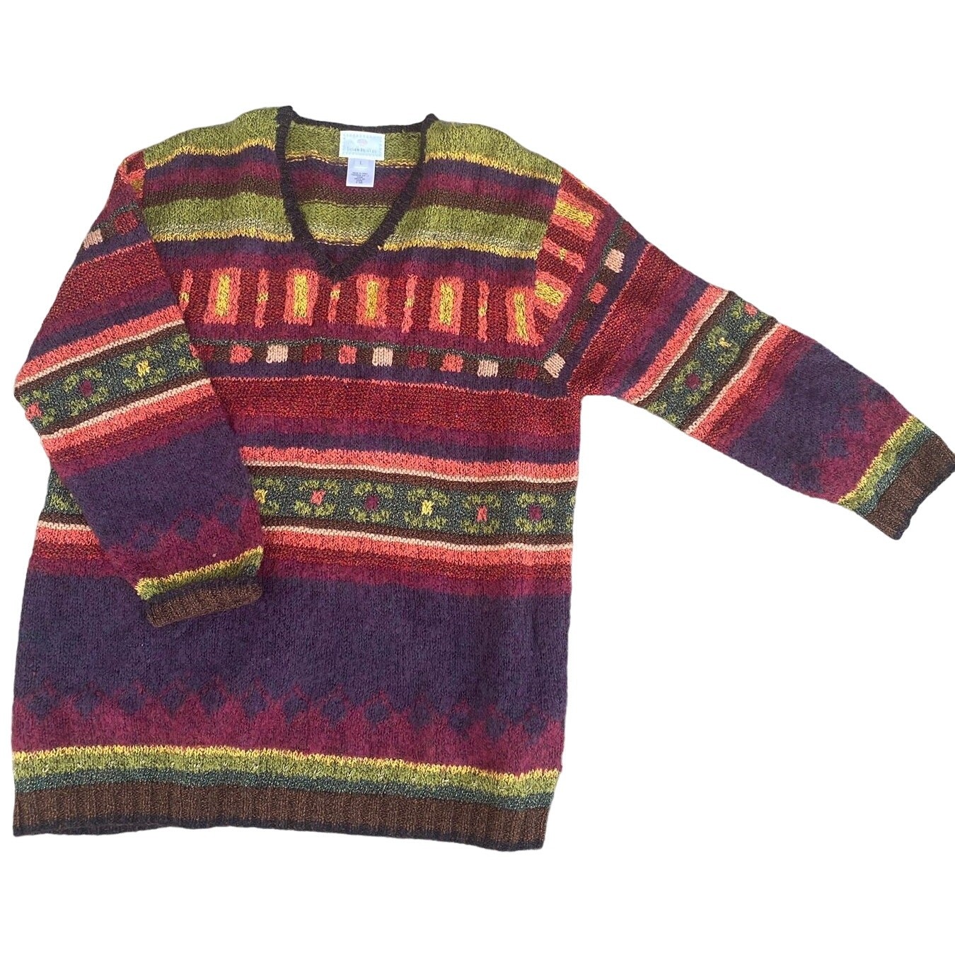 Vintage 80s 90s Susan Bristol women Large V Neck Patterned Sweater pullover Vintage 80s 90s Susan Bristol women Large V Neck Patterned Sweater pullover