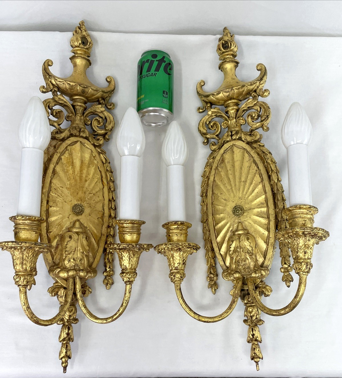 REWIRED Pair Antique Wall Sconces Art Deco Victorian Neoclassical Gilt Gold Leaf